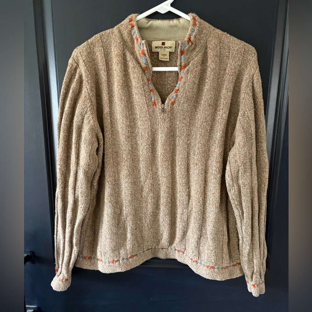 WOOLRICH Zip Sweater Tan and Marbled Blue Orange Stitching Large